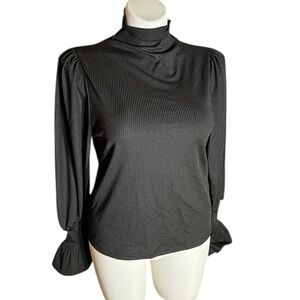 SHEIN 2XL Black Ribbed Shirt Top Blouse Long Puff Sleeves Ruffle Cuff Stretch